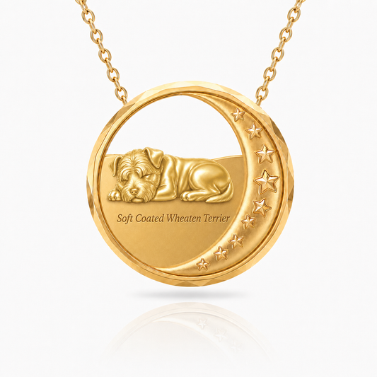 SoulyShine Soft Coated Wheaten Terrier Starry Slumber – Personalized Pet in The Moon Necklace - 18K Gold Vermeil front