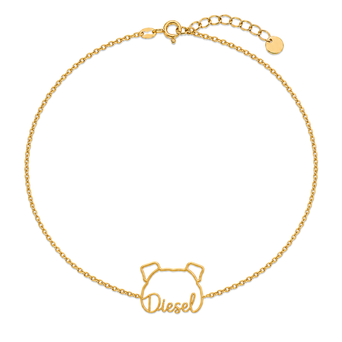 Soulyshine Staffordshire Bull Terrier Whisper Outline pet face and Diesel name handcrafted bracelet - 18K Gold Vermeil front