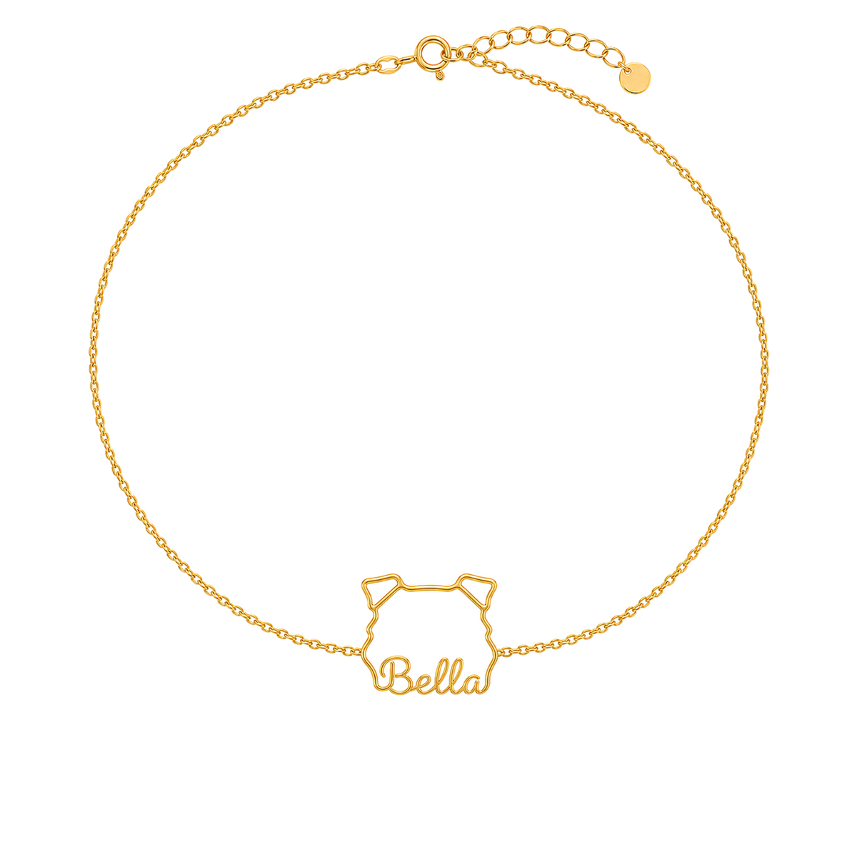 Soulyshine Staffy Whisper Outline pet face and Bella name handcrafted bracelet - 18K Gold Vermeil front