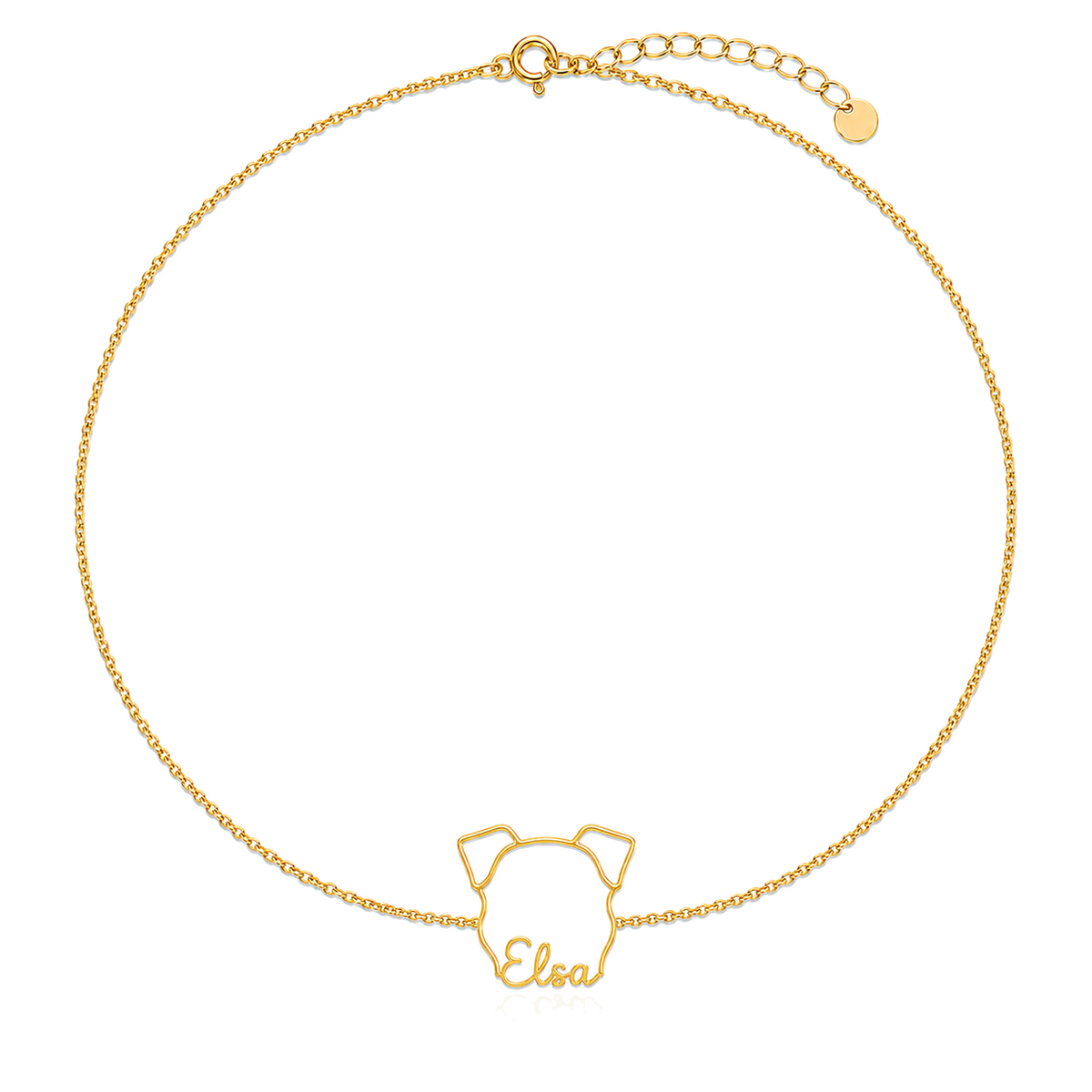 Soulyshine Swedish Farmdog Whisper Outline pet face and Elsa name handcrafted bracelet - 18K Gold Vermeil front