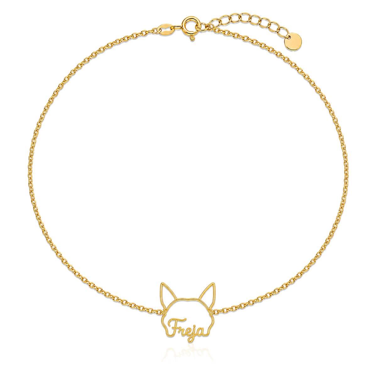 Soulyshine Swedish Vallhund Whisper Outline pet face and Freja name handcrafted bracelet - 18K Gold Vermeil front