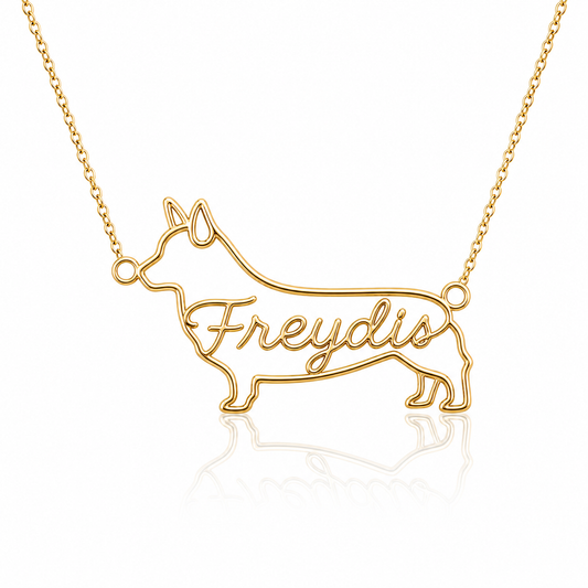 Soulyshine Swedish Vallhund personalized dog silhouette name necklace in gold - Freydis design