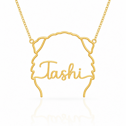 Soulyshine Tibetan Mastiff personalized outline pet face and name necklace in gold