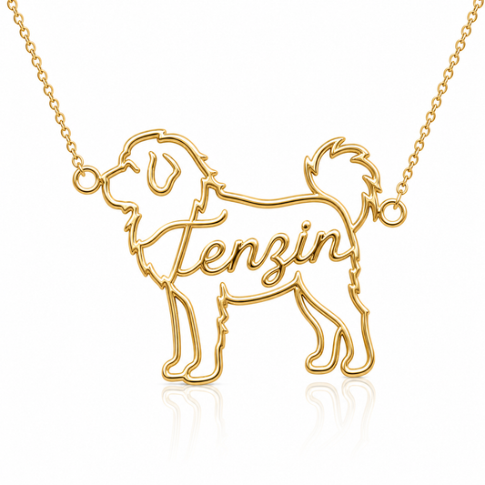 Soulyshine Tibetan Mastiff personalized dog silhouette name necklace in gold - Tenzin design