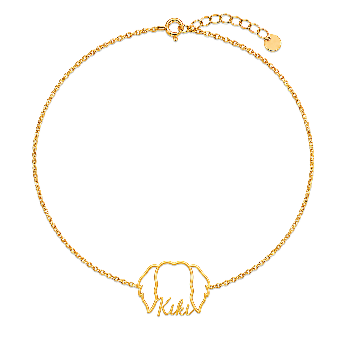 Soulyshine Tibetan Spaniel Whisper Outline pet face and Kiki name handcrafted bracelet - 18K Gold Vermeil front