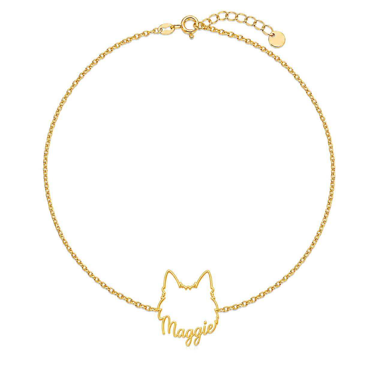 Soulyshine Westie Whisper Outline pet face and Maggie name handcrafted bracelet - 18K Gold Vermeil front