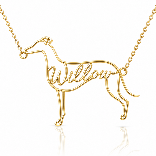 Soulyshine Whippet personalized dog silhouette name necklace in gold - Willow design