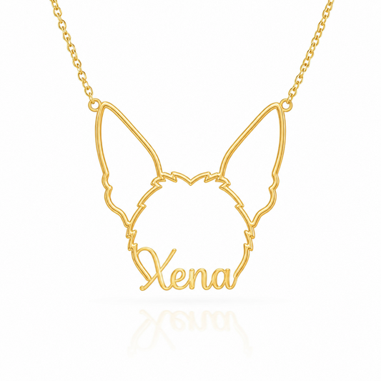 Soulyshine Xoloitzcuintli - coated personalized outline pet face and name necklace in gold