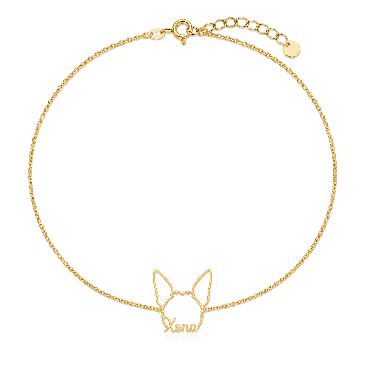 Soulyshine Xoloitzcuintli - coated Whisper Outline pet face and Xena name handcrafted bracelet - 18K Gold Vermeil front