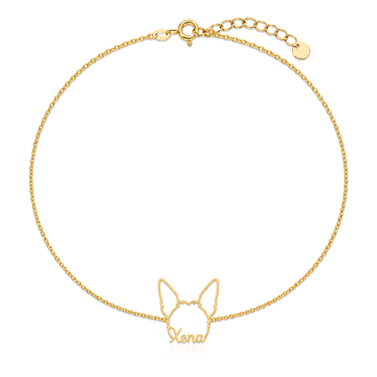 Soulyshine Xoloitzcuintli - coated Whisper Outline pet face and Xena name handcrafted bracelet - 18K Gold Vermeil front