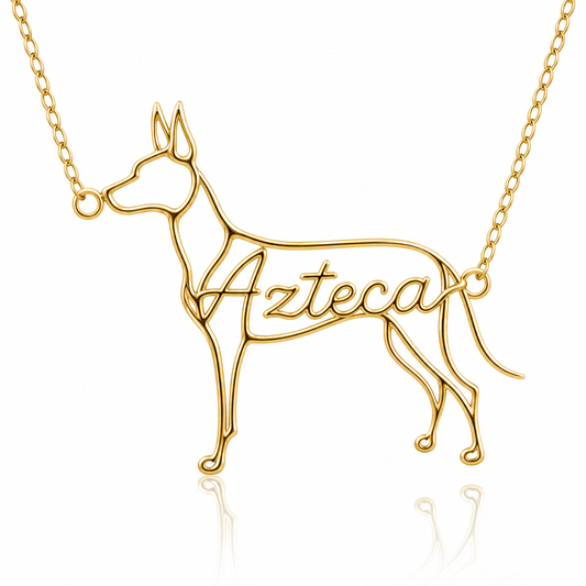 Soulyshine Xoloitzcuintli hairless personalized dog silhouette name necklace in gold - Azteca design
