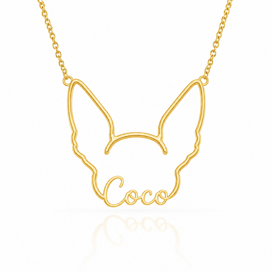 Soulyshine Xoloitzcuintli - hairless personalized outline pet face and name necklace in gold