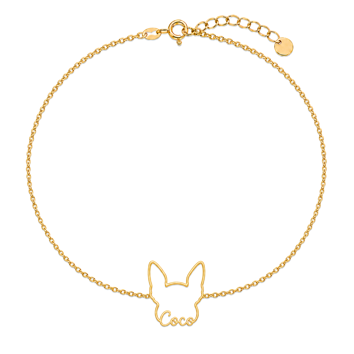 Soulyshine Xoloitzcuintli - hairless Whisper Outline pet face and Coco name handcrafted bracelet - 18K Gold Vermeil front