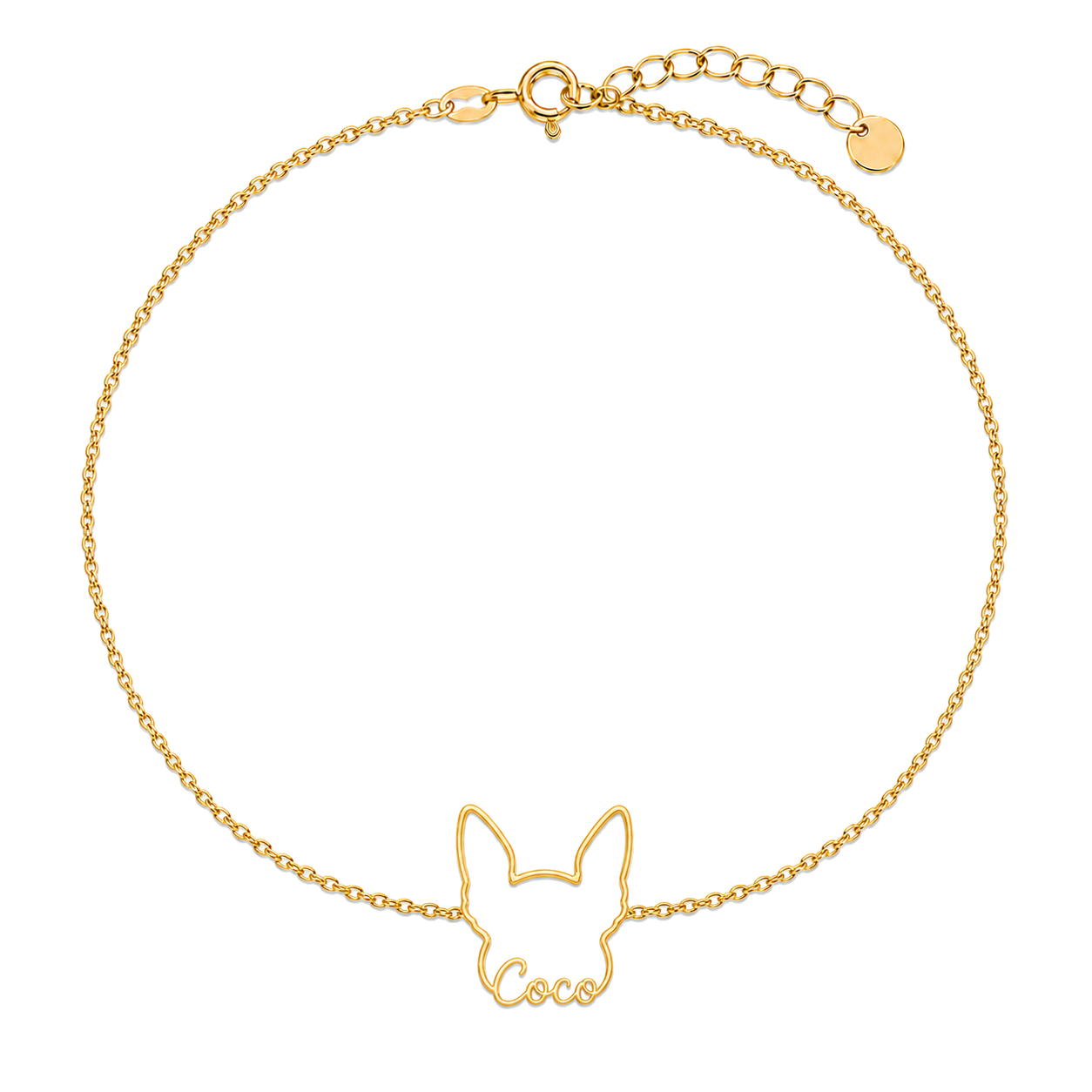 Soulyshine Xoloitzcuintli - hairless Whisper Outline pet face and Coco name handcrafted bracelet - 18K Gold Vermeil front
