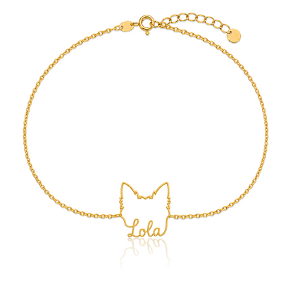 Soulyshine Yorkie Whisper Outline pet face and Lola name handcrafted bracelet - 18K Gold Vermeil front