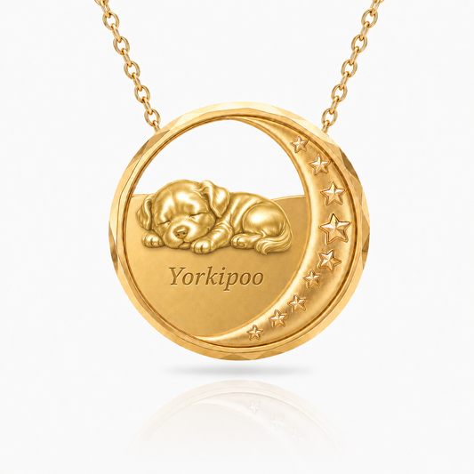 SoulyShine Yorkipoo Starry Slumber – Personalized Pet in The Moon Necklace - 18K Gold Vermeil front