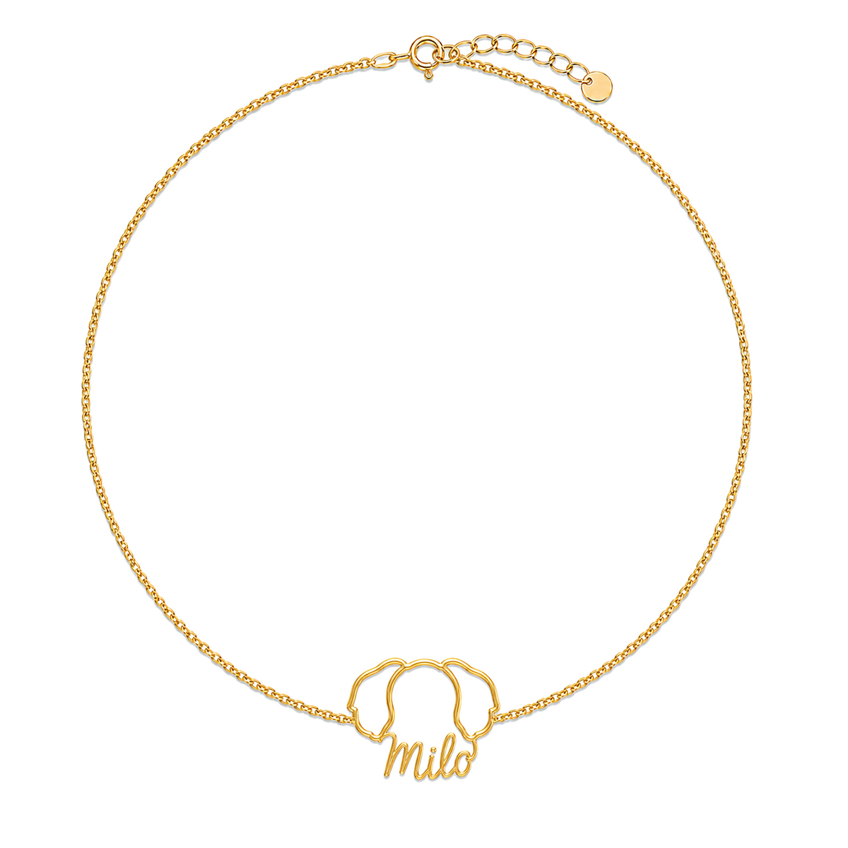 Soulyshine Yorkipoo Whisper Outline pet face and Milo name handcrafted bracelet - 18K Gold Vermeil front