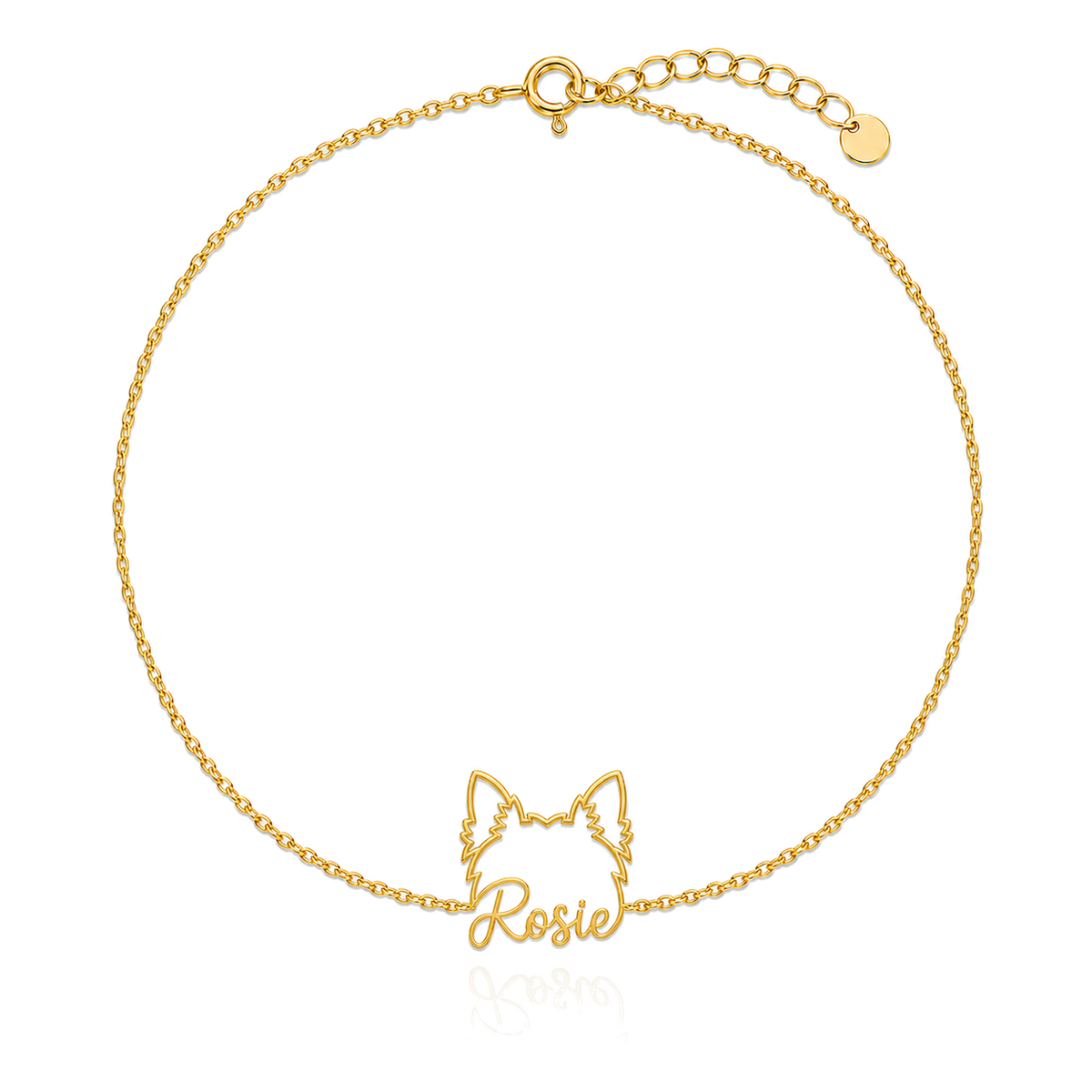 Soulyshine Yorkshire Terrier Whisper Outline pet face and Rosie name handcrafted bracelet - 18K Gold Vermeil front