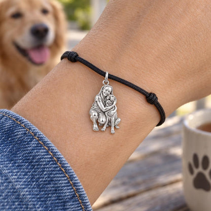 A Hug to Remember Charm Bracelet – Personalized Dog Mom Gift – worn on the wrist on a black cord bracelet