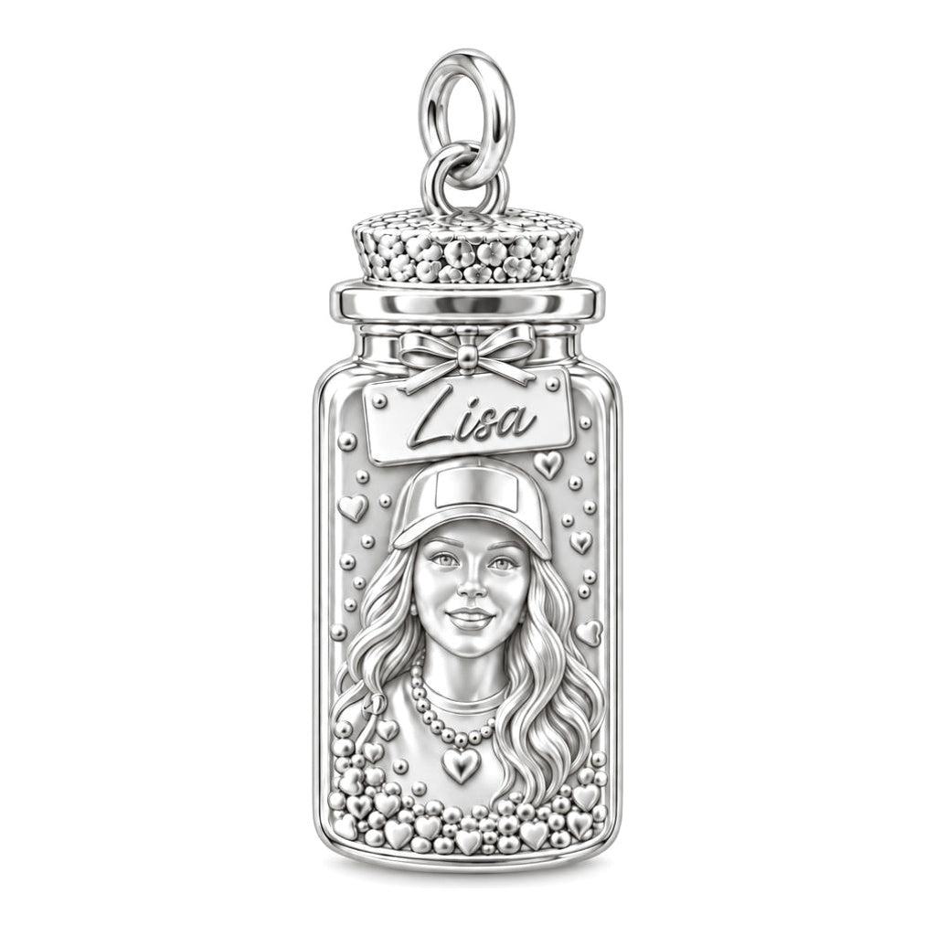 A Little Jar of Memories – Personalized Photo & Name Sterling Silver Charm – silver plated 2 cm charm, front view
