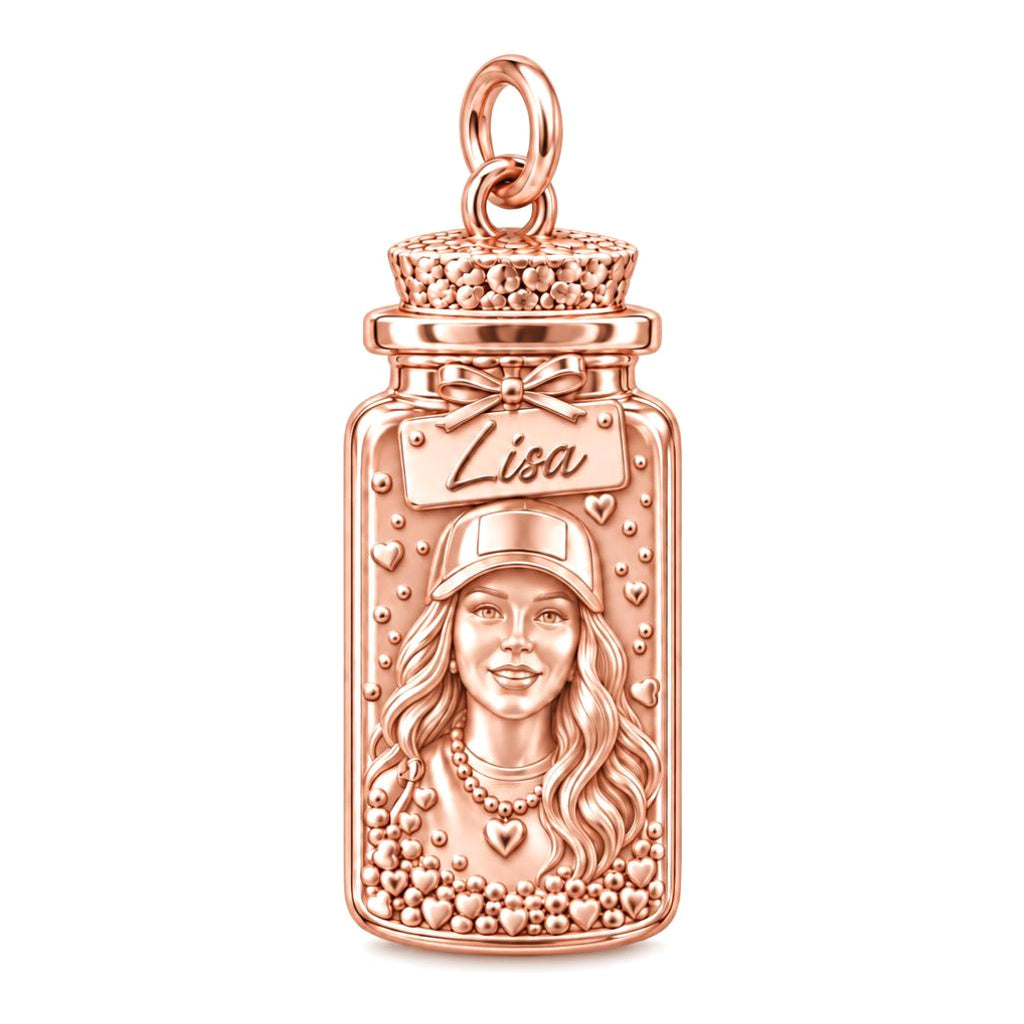 A Little Jar of Memories – Personalized Photo & Name Sterling Silver Charm – rose gold 2 cm charm, front view
