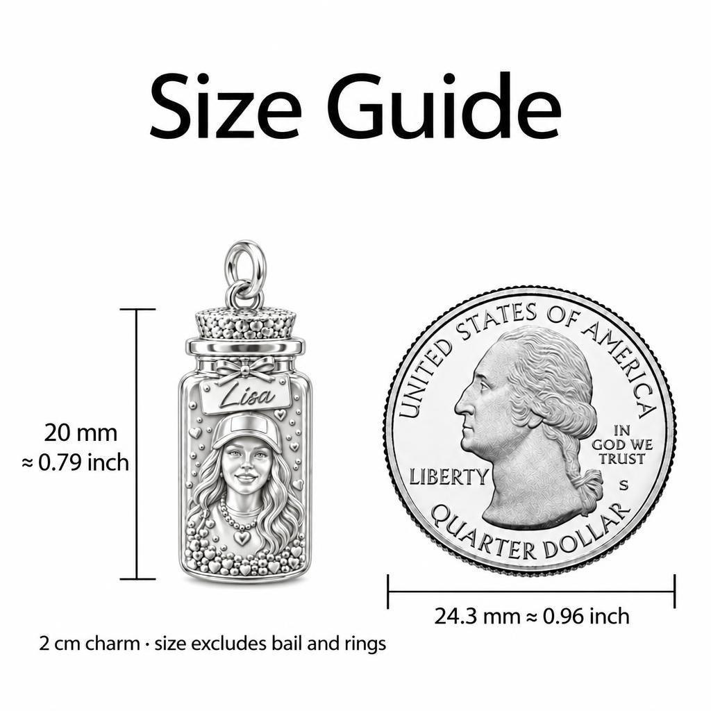 A Little Jar of Memories – Personalized Photo & Name Sterling Silver Charm – size guide, 2 cm charm next to a quarter
