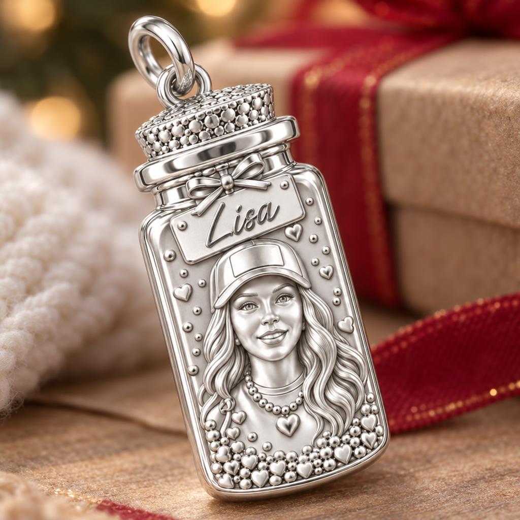 A Little Jar of Memories – Personalized Photo & Name Sterling Silver Charm – macro detail of the charm