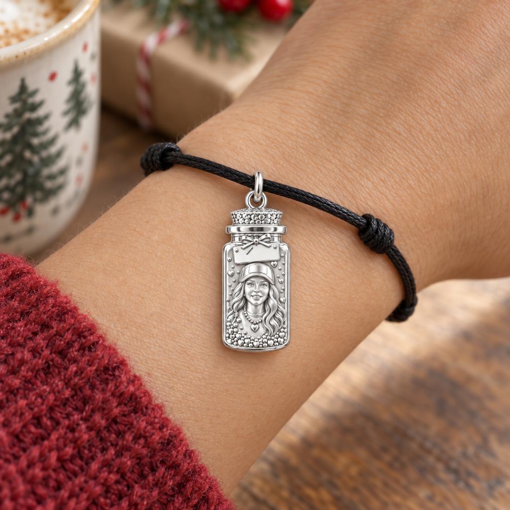 A Little Jar of Memories – Personalized Photo & Name Sterling Silver Charm – worn on the wrist on a black cord bracelet