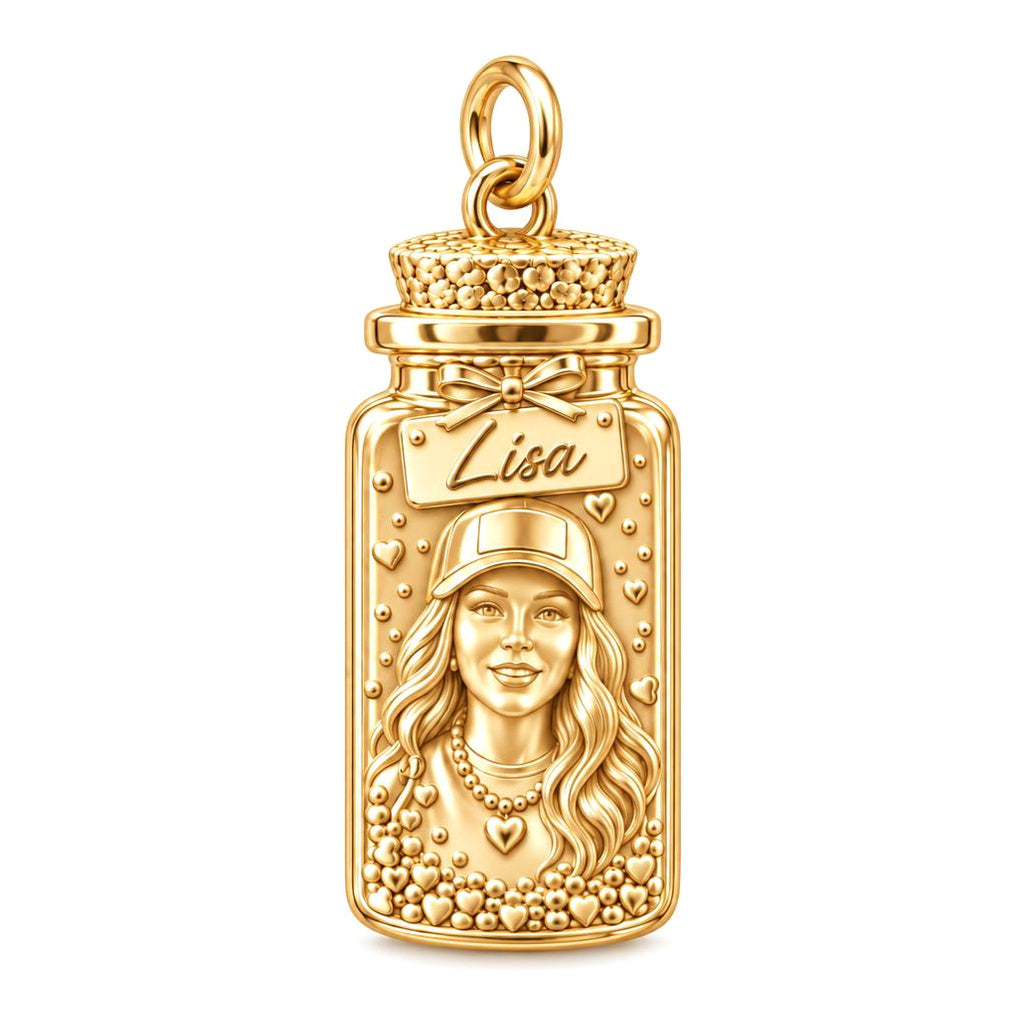 A Little Jar of Memories – Personalized Photo & Name Sterling Silver Charm – 18K gold plated 2 cm charm, front view