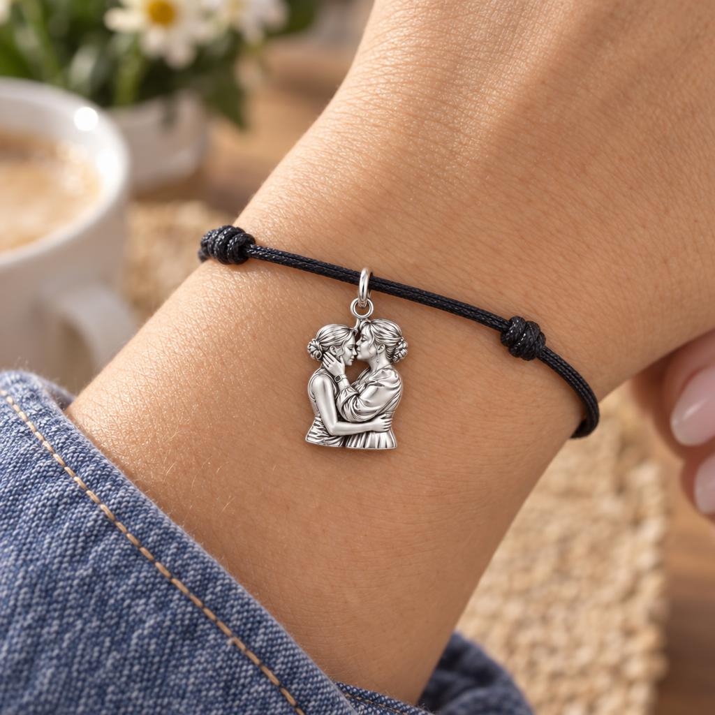 A Mother's Gentle Kiss Charm Bracelet – Personalized Mom Gift – worn on the wrist on a black cord bracelet