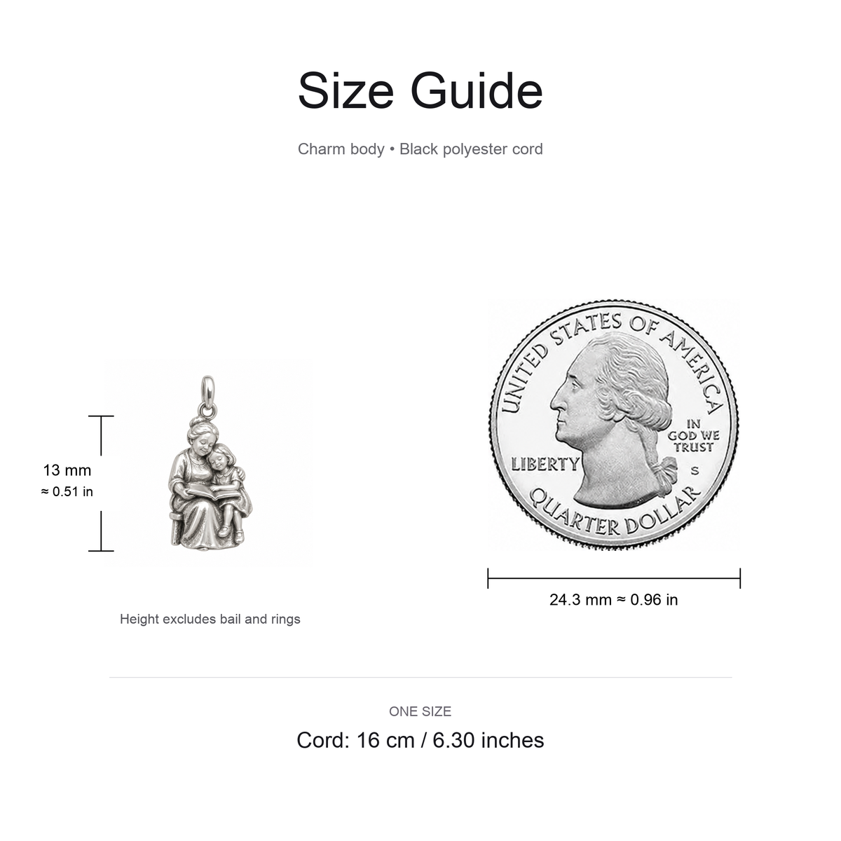 Grandma's Storytime Charm: A Little Hug — Size guide, 13 mm body and 16 cm cord