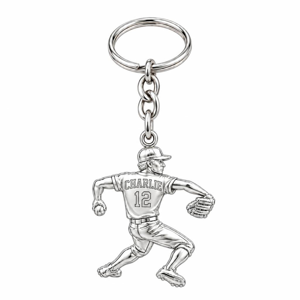 Ace Pitcher Windup Charm Keychain – silver, front view