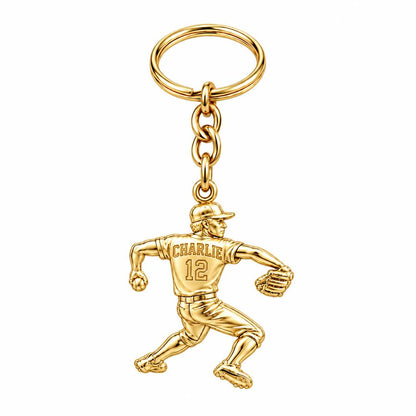 Ace Pitcher Windup Charm Keychain – 18K gold, front view