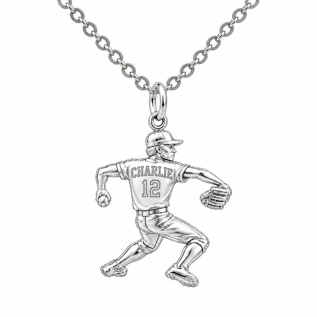 Ace Pitcher Windup Charm Necklace Set – silver, front view
