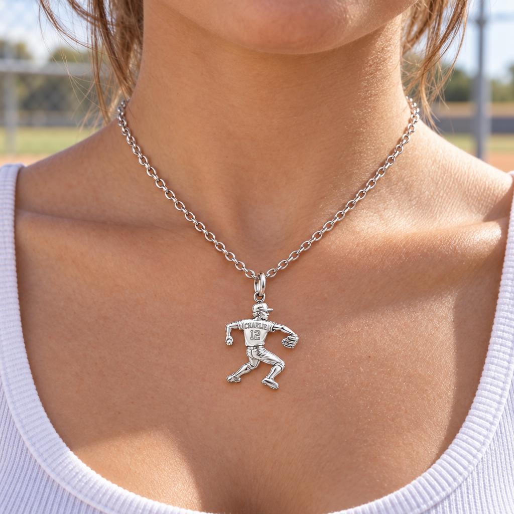 Ace Pitcher Windup Charm Necklace Set – worn / in use