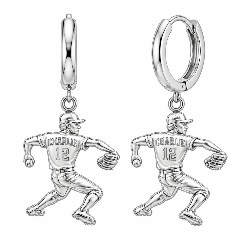 Ace Pitcher Windup Huggie Charm Earrings – silver, front view