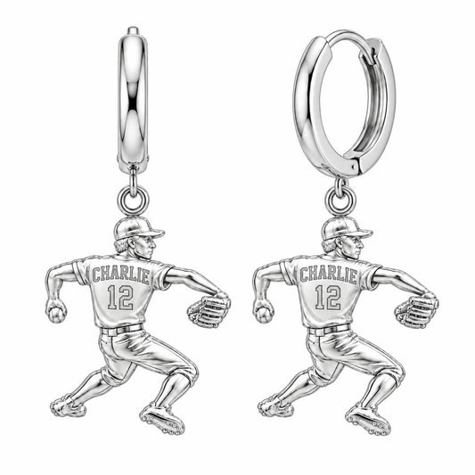 Ace Pitcher Windup Huggie Charm Earrings – silver, front view