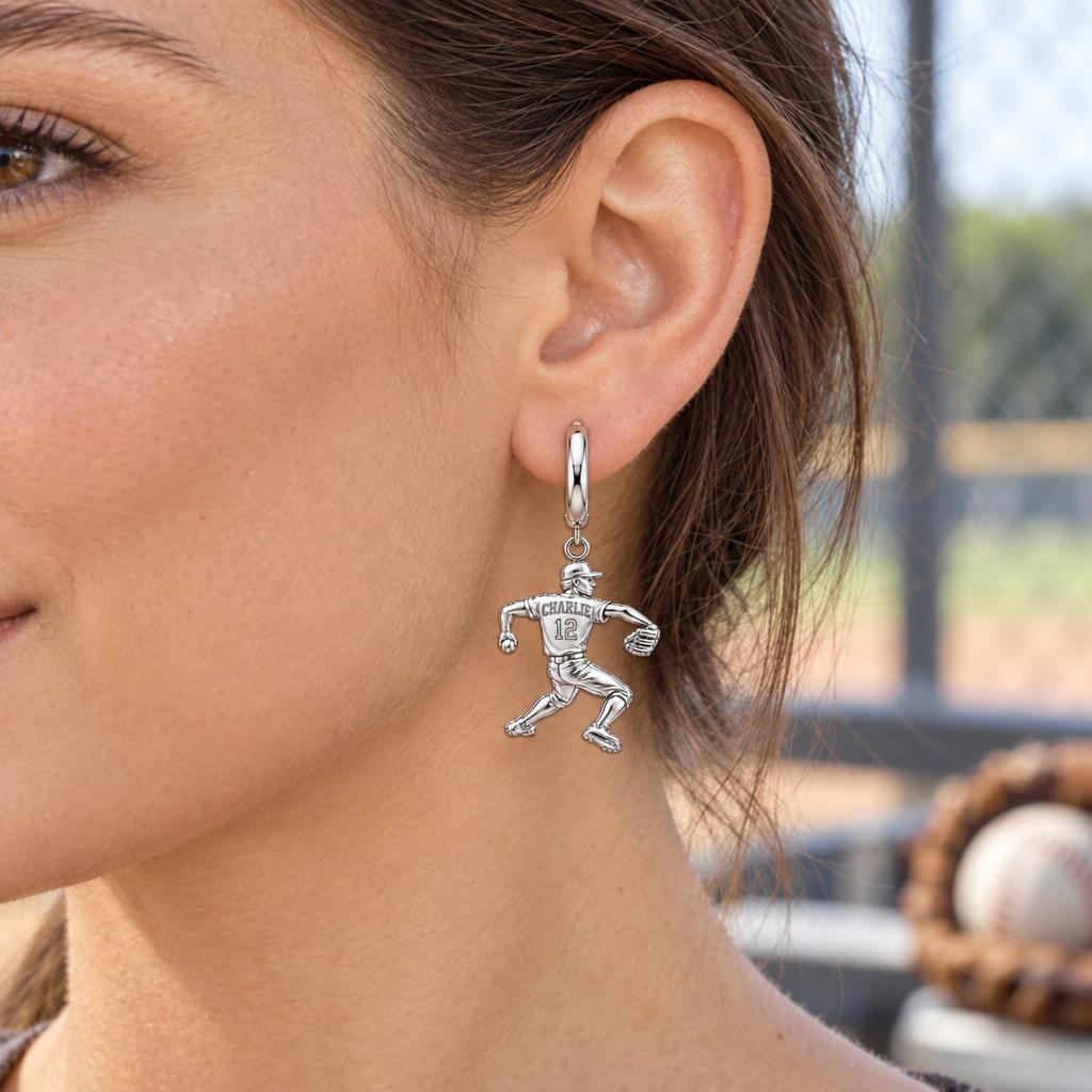 Ace Pitcher Windup Huggie Charm Earrings – worn / in use