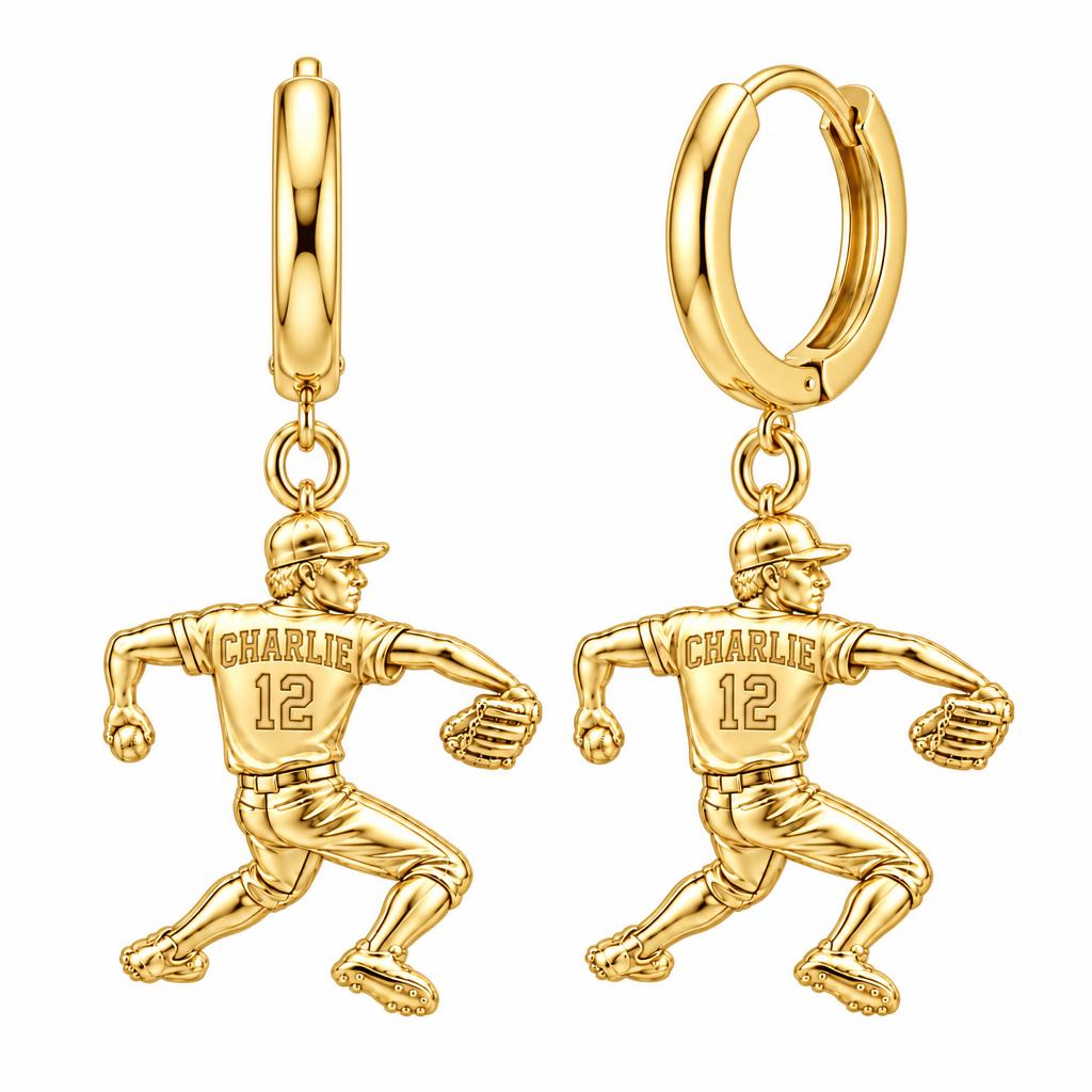 Ace Pitcher Windup Huggie Charm Earrings – 18K gold, front view