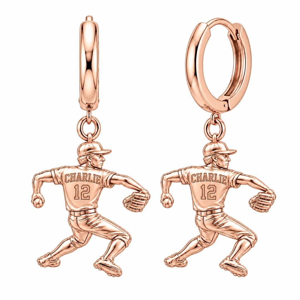 Ace Pitcher Windup Huggie Charm Earrings – rose gold, front view