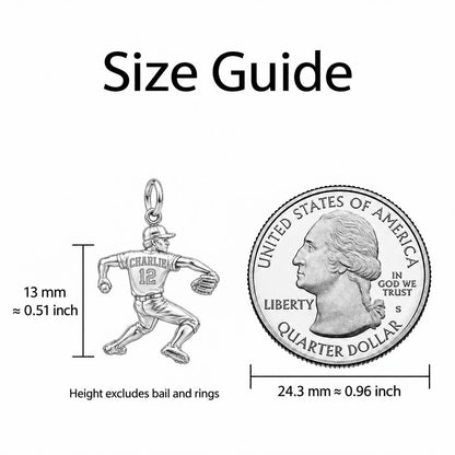 Ace Pitcher Windup Keepsake Plaque – size guide, 13 mm charm next to a quarter