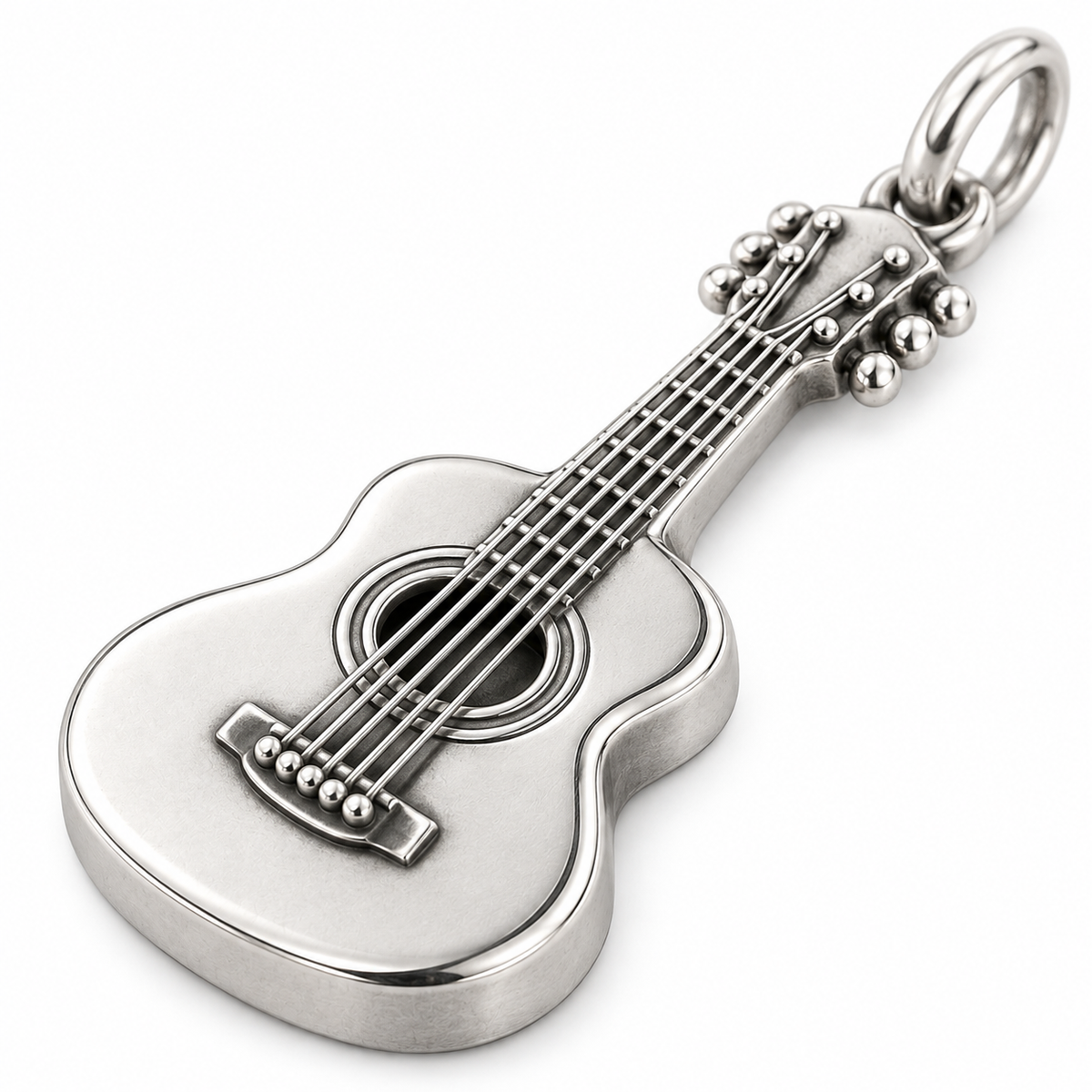 Acoustic Guitar Charm — Silver Super Macro, lying face up on white | topics-v3-2026-09-14
