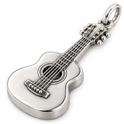 Acoustic Guitar Charm — Silver Super Macro, lying face up on white | topics-v3-2026-09-14