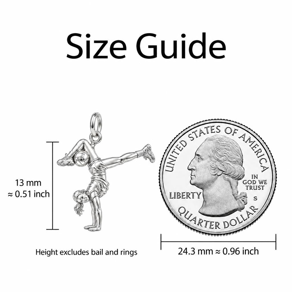 Acrobatic Volleyball Star Charm Bracelet – Personalized Athlete Gift – size guide, 13 mm charm next to a quarter