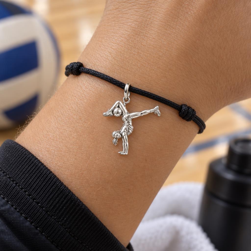 Acrobatic Volleyball Star Charm Bracelet – Personalized Athlete Gift – worn on the wrist on a black cord bracelet