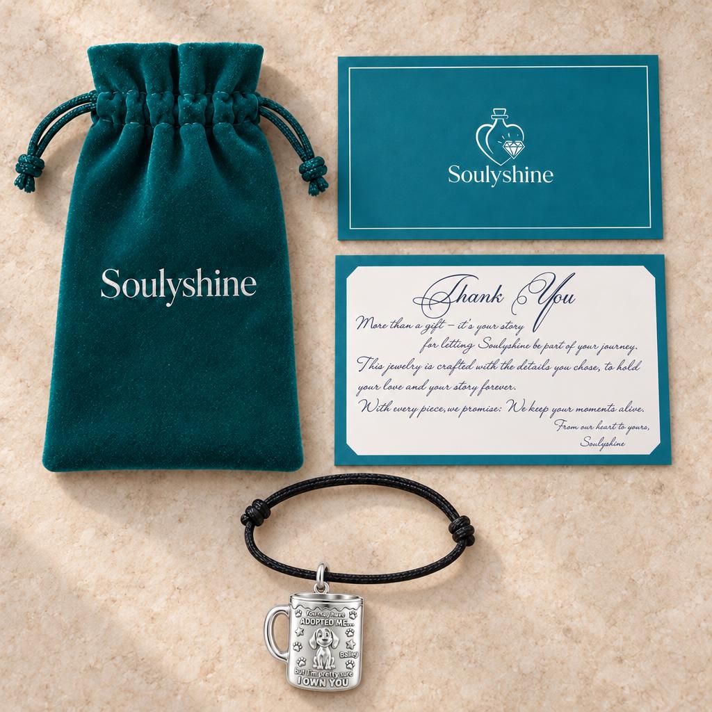Adopted Me Coffee Mug Charm Bracelet – Personalized Dog Mom Gift – Soulyshine velvet pouch and gift card