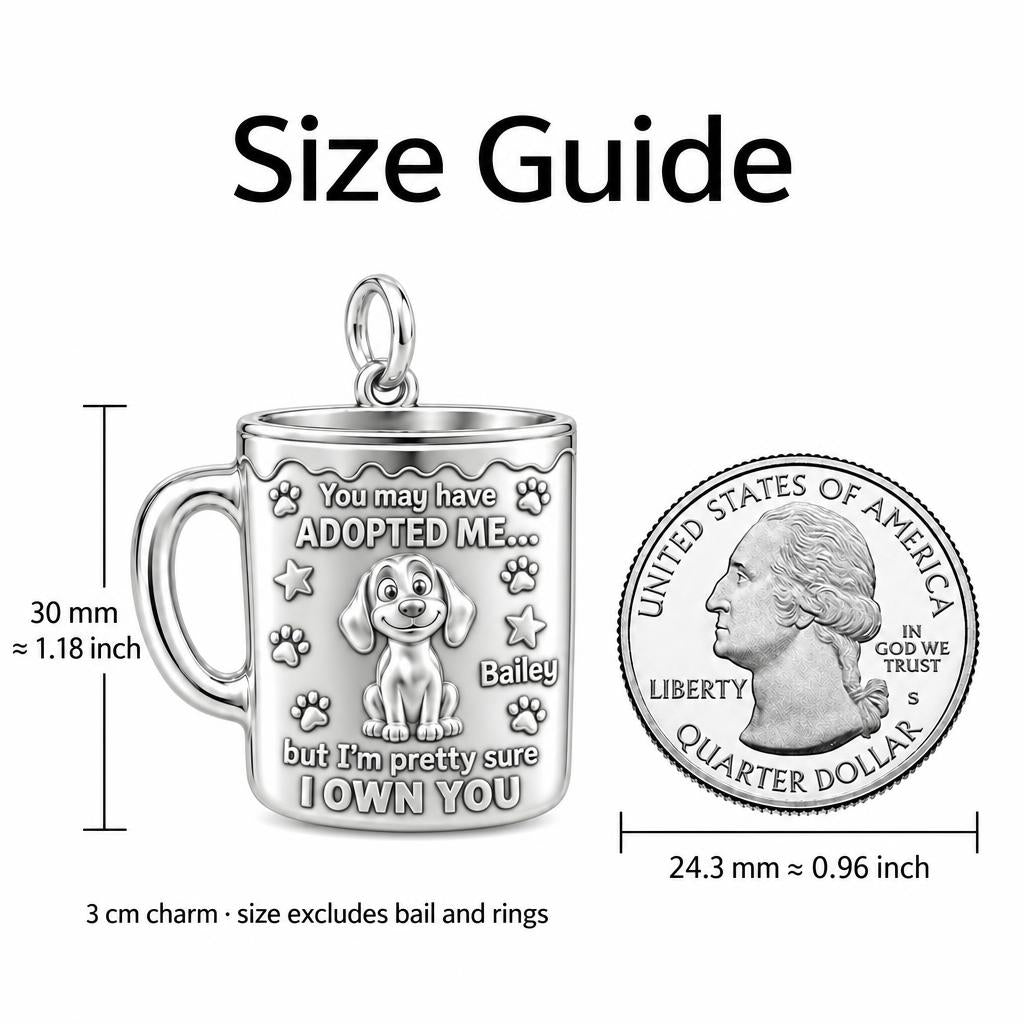 Adopted Me Coffee Mug Charm Bracelet – Personalized Dog Mom Gift – size guide, 3 cm charm next to a quarter