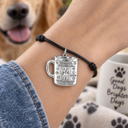 Adopted Me Coffee Mug Charm Bracelet – Personalized Dog Mom Gift – worn on the wrist on a black cord bracelet