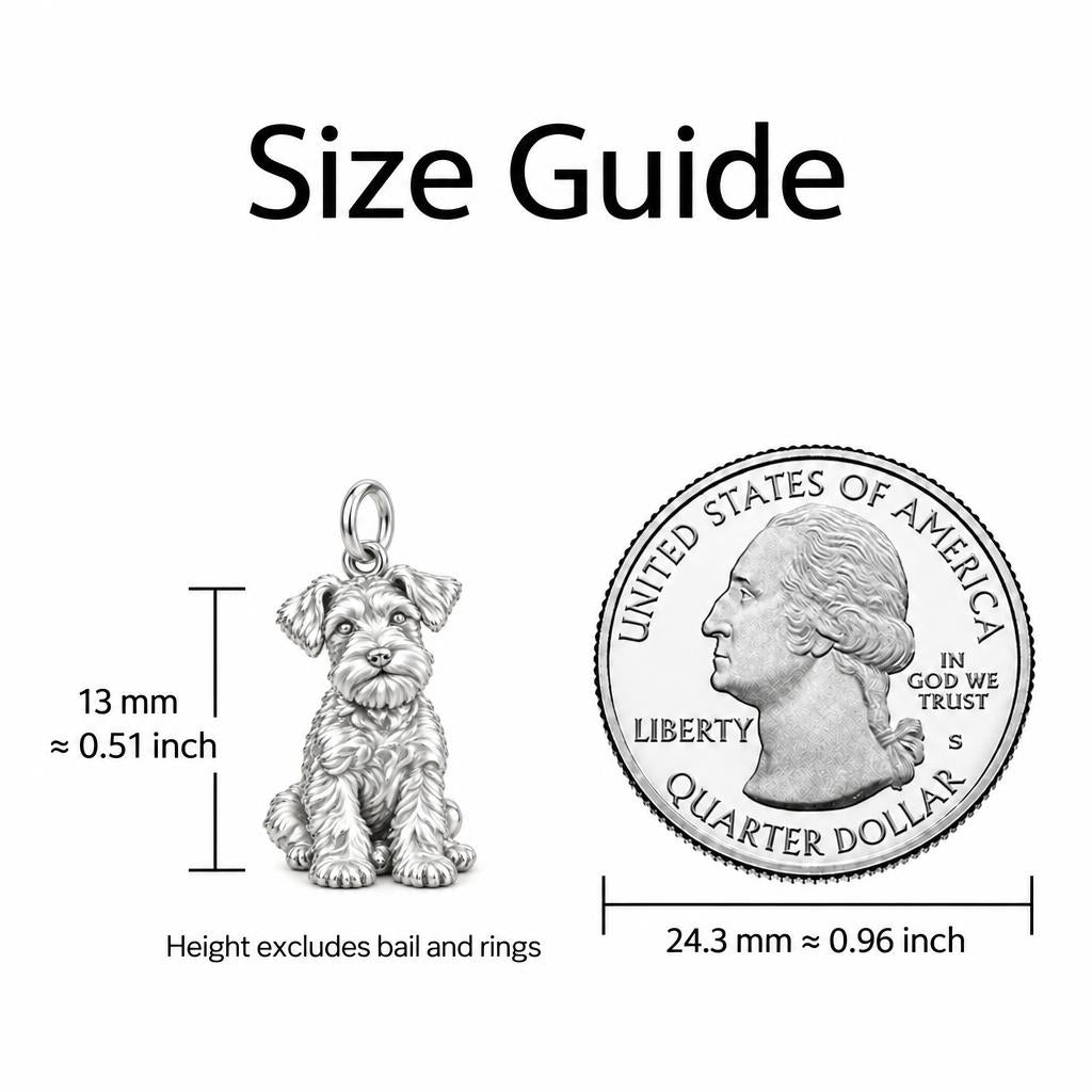 Adorable Mini Schnauzer Silver Charm – Personalized Dog Mom – size guide, 13 mm charm next to a quarter