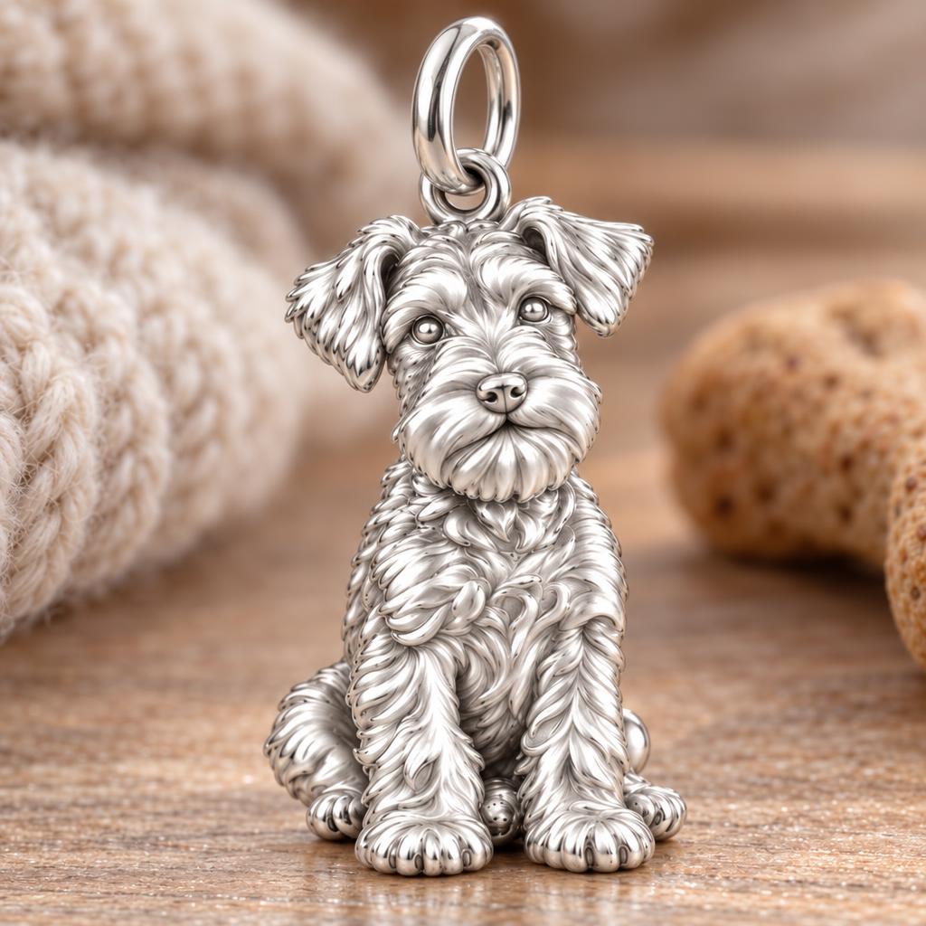 Adorable Mini Schnauzer Silver Charm – Personalized Dog Mom – macro detail of the charm